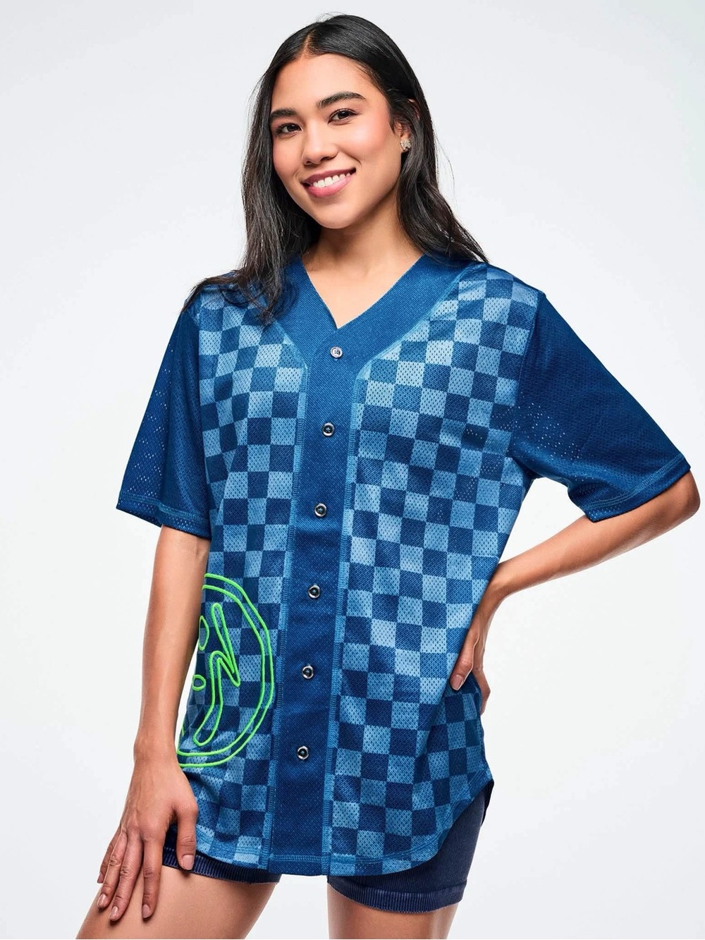 Zumba Fitness Blue Checkered Button-Down Shirt with Neon Green Logo